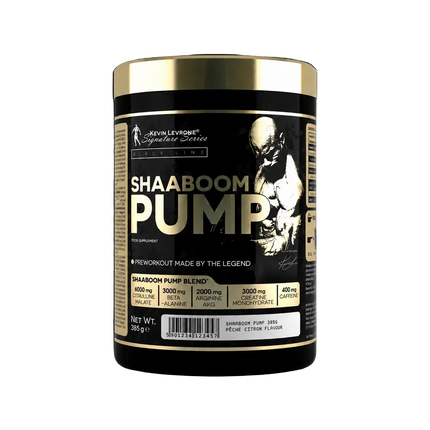 Conteneur noir et or kevin levrone shaboom pump 385g poudre preworkout avec illustration musculaire sur l’étiquette