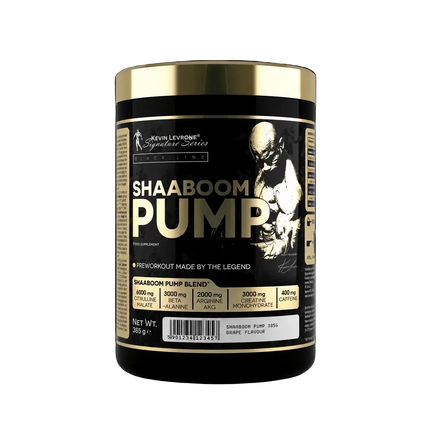 Conteneur cylindrique noir et or de shaboom pump 385g kevin levrone saveur raisin poudre preworkout
