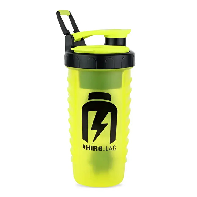 Shaker Crater Cap 770ml Hiro.Lab noir et jaune avec balle mélangeuse, couvercle hermétique et compartiment pour suppléments. Idéal pour shakes protéinés et fitness.