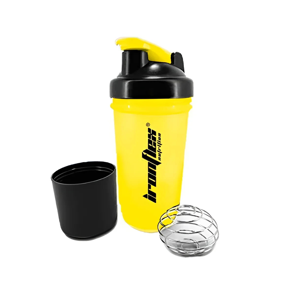 Shaker IronFlex Premium 500 ml - coloris jaune noir - robuste, avec ressort métallique, idéal pour mélanger des boissons protéinées.