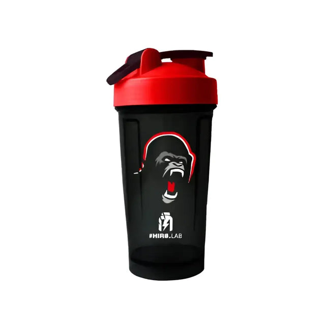 Vue avant du shaker Mad Kong 500ml Hiro.Lab, logo gorille agressif et design noir et rouge ultra-motivant.