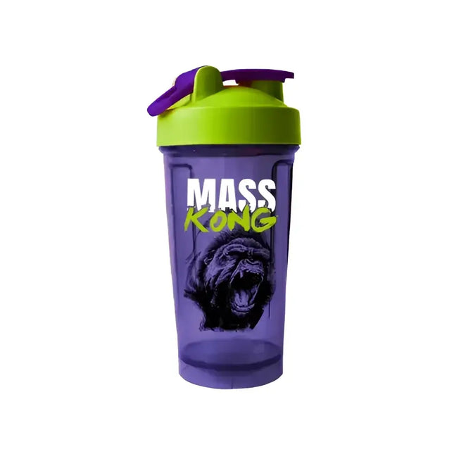 Shaker Mass Kong Hiro.Lab 500ml, violet translucide, avec bouchon vert, logo gorille agressif et branding sportif.
