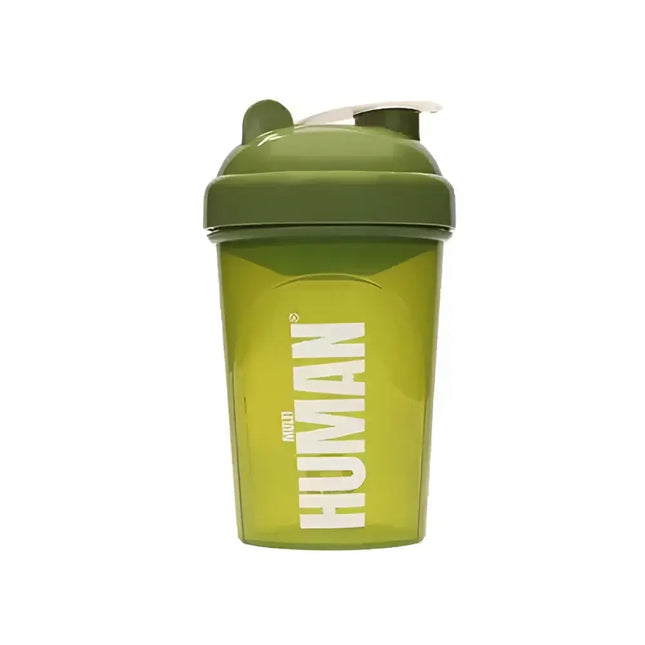 Shaker Multi Human 500ml Hiro.Lab, vert translucide avec bouchon hermétique, idéal pour les shakes protéinés et l’hydratation en musculation et fitness