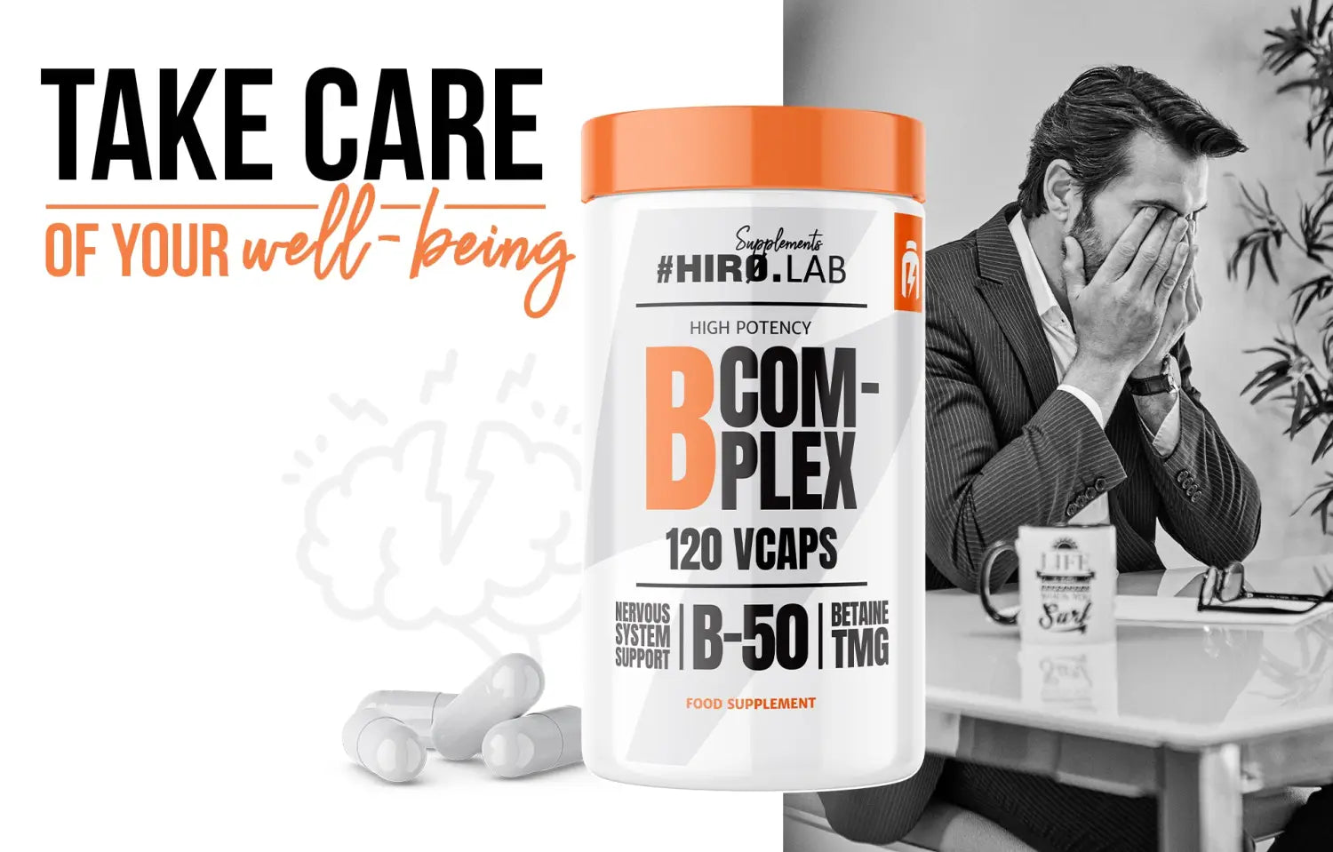 Complément alimentaire B-Complex Hiro.Lab – 120 gélules végétales, soutien du système nerveux et réduction de la fatigue. Formule enrichie en vitamines B, bétaïne TMG et méthylcobalamine.