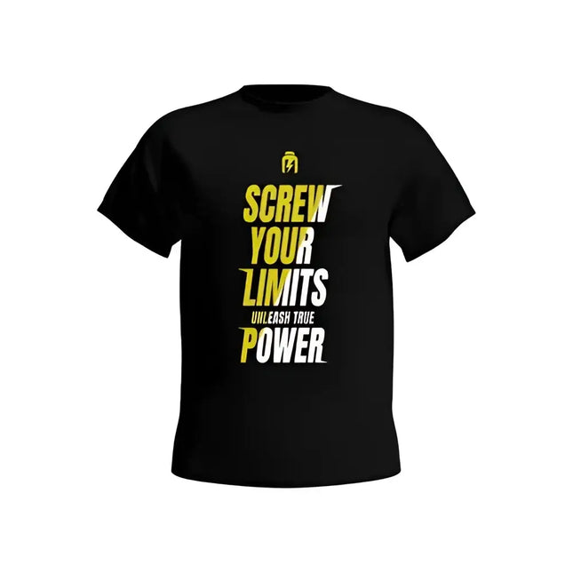 T-shirt noir Hiro.Lab "Screw Your Limits" à plat, avec son design motivant en jaune et blanc