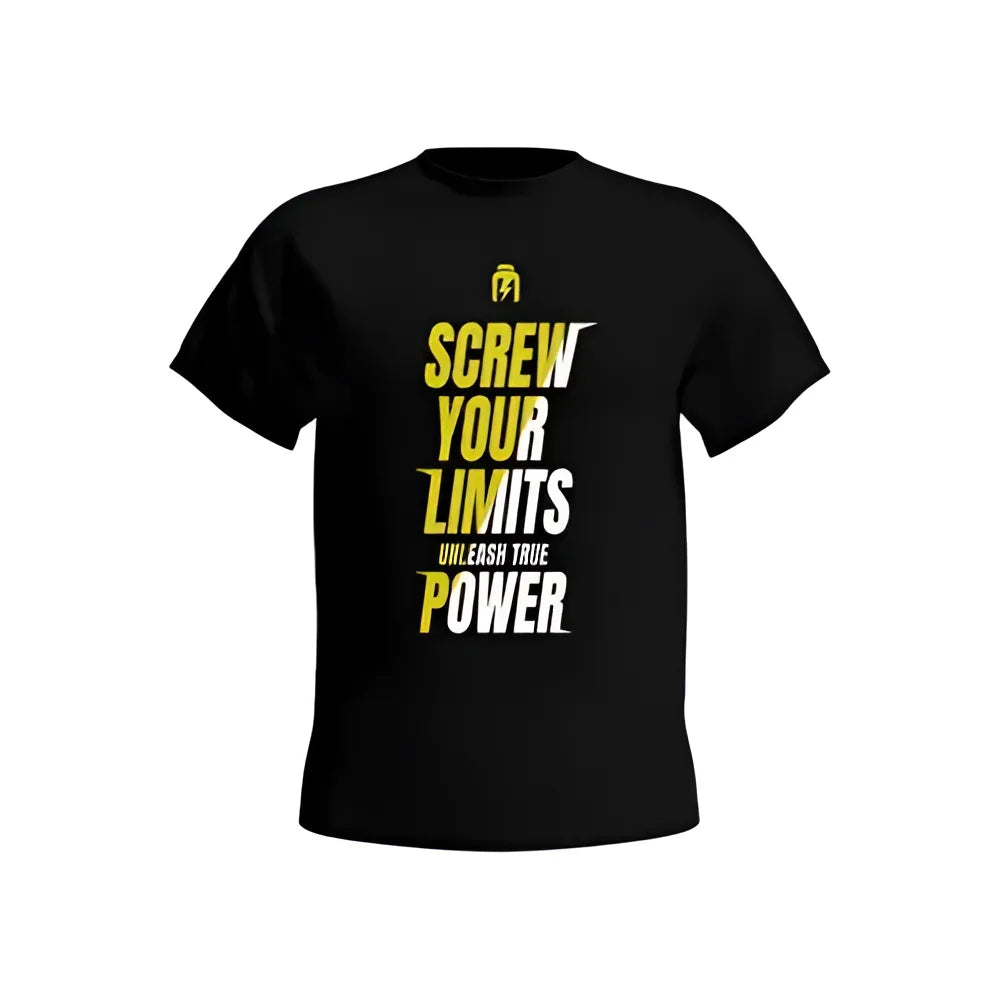 T-shirt noir Hiro.Lab "Screw Your Limits" à plat, avec son design motivant en jaune et blanc