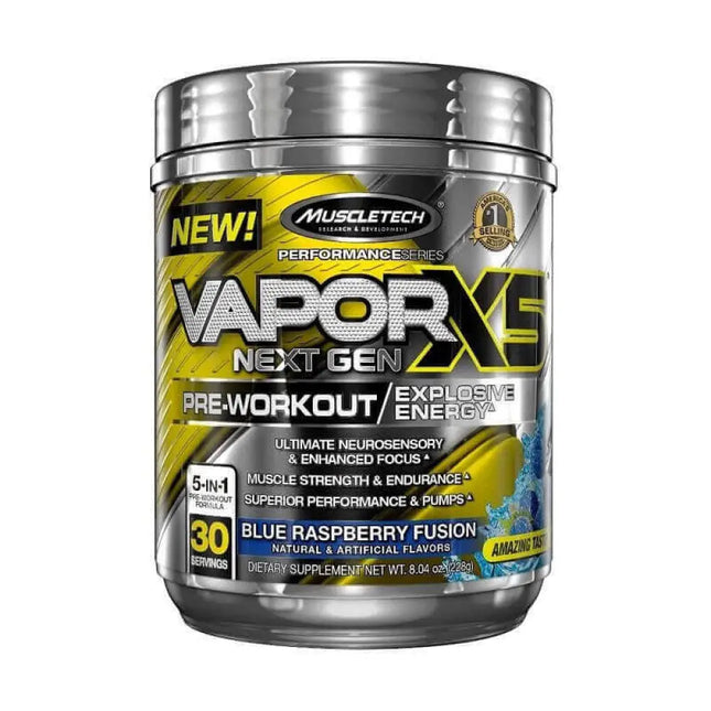 Vapor X5 Next Gen BLUE RASPBERRY FUSION MUSCLETECH, supplément pré-entraînement, augmentant l'énergie, la force, et la récupération musculaire.