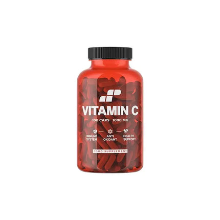 Bouteille rouge en plastique de capsules de vitamine c 1000mg avec étiquette blanche pour système immunitaire et stress oxydatif