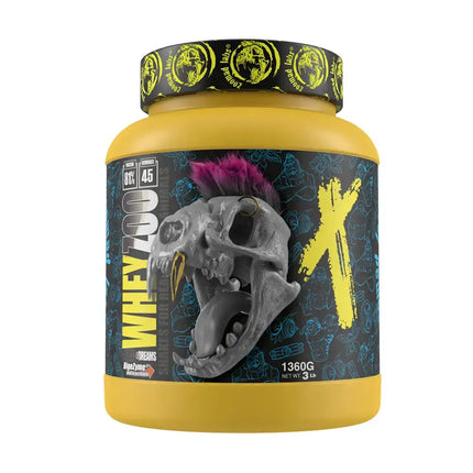 Conteneur de poudre de protéine jaune Whey Zoo DIGEZYME® 1360g with design skull, idéale pour système gastro-intestinal, lactosér