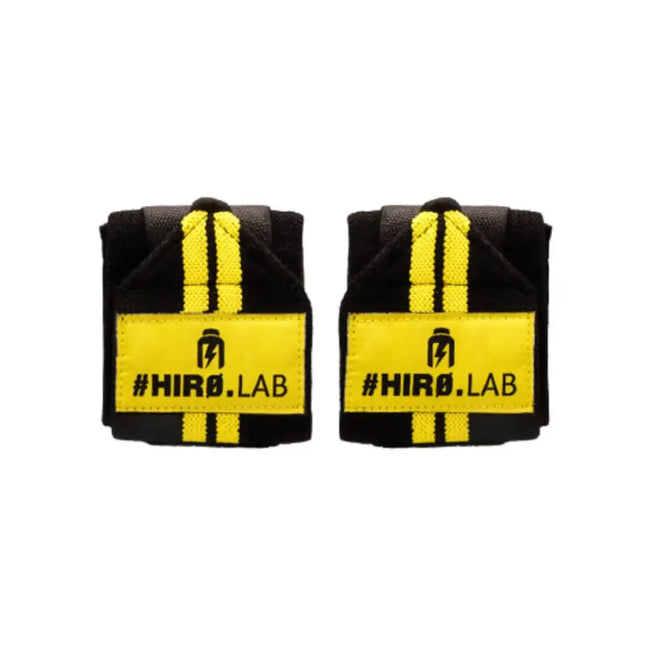 Bandes de poignet Wrist Wraps Hiro.Lab en coton noir et jaune avec Velcro réglable et boucle pour le pouce, idéales pour musculation et haltérophilie