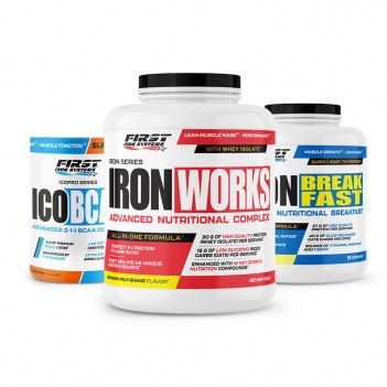 Pack Prise de Masse 3 IRON SERIES contenant 1 IRON WORKS 2200G, 1 IRON BREAKFAST 1200G et 1 ICO BCAA 300G pour une croissance musculaire optimale