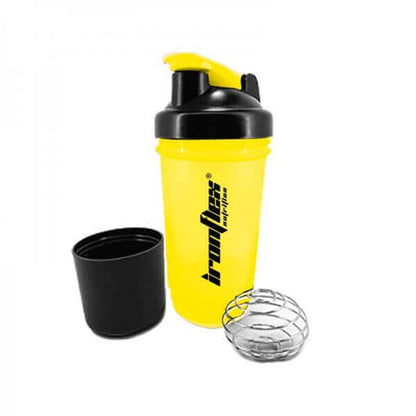 Shaker IronFlex Premium 500 ml - coloris jaune noir - robuste, avec ressort métallique, idéal pour mélanger des boissons protéinées.
