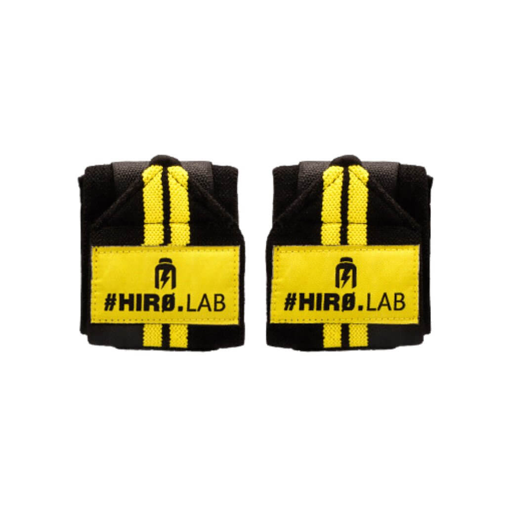 Wrist Wraps de Hiro.Lab - Bandes de poignet en coton noir et jaune pour la stabilisation et la protection lors des entraînements de force.